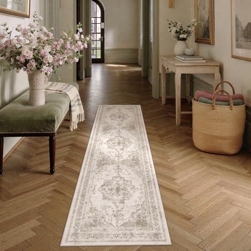 HUGEAR Beige Vintage Teppich Läufer Flur 80x300cm Waschbar | Waschbarer Teppich, Rutschfest Weich, Kurzflor Retro, für Vorzimmer, Schlafzimmer Küche, Brücken Hallway, Carpet
