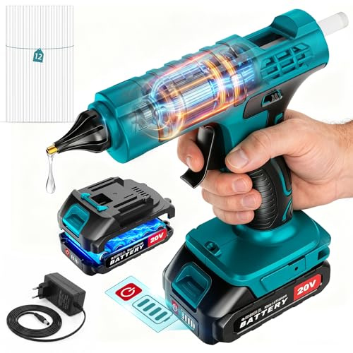 Cordless Hot Glue Gun with Digital Display, Heating Fast Glue Gun Kit with 12 Pcs Mini Glue Gun Sticks, 100W 21V Glue Gun with 2.0Ah Batteries & Charger for Art, Crafts, Decorations, Home Repairs
