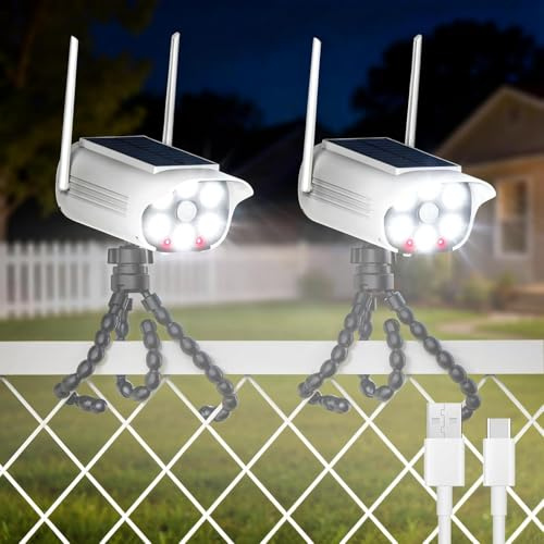 cuzile 2 fotocamere solari fittizie, telecamera di sorveglianza finte, CCTV con luce LED lampeggiante, 3 modalità, sensore di movimento per esterni, senza trapano (solare/USB) telecamera di