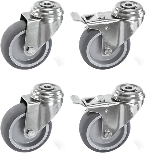 Proroll | Set aus thermoplastischen Gummireifen | Gehäuse Edelstahl | mit Rückenloch | 4 Lenkrollen | davon 2 mit Doppelstopp | Rad-Ø x Breite 50 x 19 mm