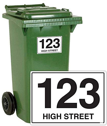 stika.co Pack of 4 Personalised waterproof wheelie bin Number and Road Name stickers - Bin and Recycle waste containers Self-adhesive Vinyl stickers (A4-297x210mm, Laminated Vinyl)
