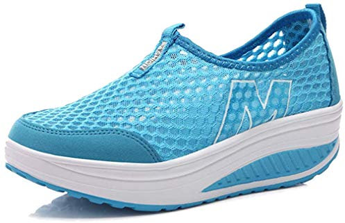 Hotcham Damen Schlankheitsschuhe Laufschuhe Plateauschuhe Gewicht Luft leicht elastisch Sport Laufen Yoga Tennis zum Überziehen Sportschuh Netzstoff flach Sommer, Blau 2, 39 EU
