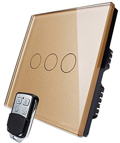 KONOQ Glass Panel Smart Touch Light Switch - Remote ON/Off (3 Gang / 1 Way, Gold)