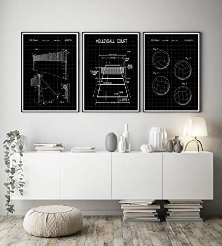 WallBUddy Volleyball Gift for Volleyball Player Poster 3 Volleyball Patent Prints Volleyball Blueprint Volleyball Team Volleyball Coach WB308-WB310 (30cm x 40cm, Black Grid)
