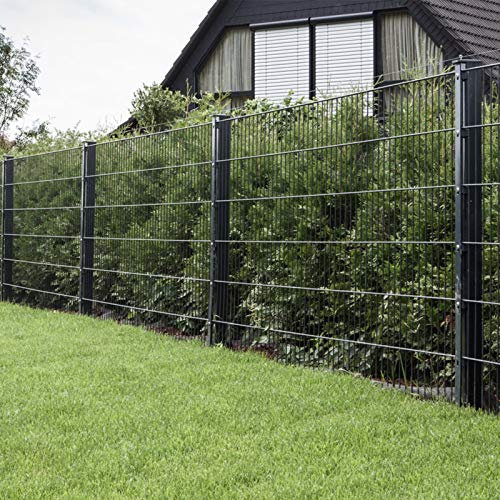 HORI Doppelstabmattenzaun Komplettset 6/5/6 Zaun Gartenzaun mit Abdeckschiene – 2 Zaunelemente 200 cm & 3 Pfosten zum Einbetonieren Höhe 103 cm - Länge 14 m - Anthrazit I RAL 7016