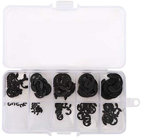 120pcs Kit de circlips à boucle de type E E-clips Anneau de retenue ouvert, Circlips en E en acier au manganèse noir 1.5-10mm avec boîte de rangement