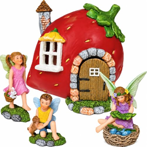 Fairy Garden – Feen-Erdbeer-Haus – Miniatur-Figuren und Zubehör, Set mit 4 Stück