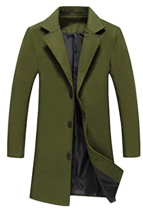 Cappotto di lana lungo in tinta unita invernale da uomo giacca monopetto soprabito, Verde militare, L