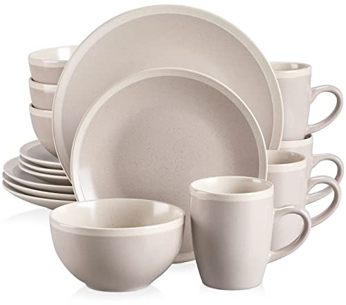 vancasso Matte Sesame Glaze Dinner Set, 16-Piece Crockery Set with 4-Piece Dinner Plate, Dessert Plate, Cereal Bowl and Mug. Light Grey