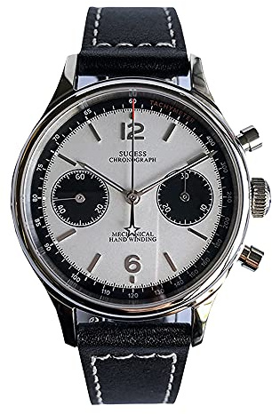 Sugess Chronograph Herrenuhren Möwe ST1901 Mechanisches Uhrwerk Panda Lässig Klassisch Edelstahl Armbanduhren Wasserdicht Leuchtend Uhren mit Lederarmband für Männer Geschenke(38MM Weiß, nicht Schwan)