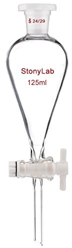 stonylab Embudo Separador Cónico de Vidrio de Borosilicato con Juntas 24/29 y Tapón PTFE, Separatory Funnel Embudo de Laboratorio - 125ml