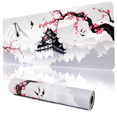 Tapis de souris de jeu, blanc avec motifs japonais, pour ordinateur portable, clavier, bureau, grand format, imperméable et antidérapant, revers en caoutchouc (fleurs de cerisier, 40 x 90 cm)