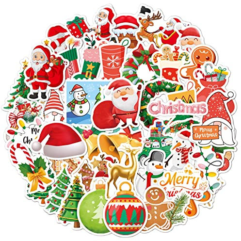 Adesivi per Bambini, 50 Pezzi Stickers Cartoon Adesivi per Bottiglie d'Acqua, Laptop, Skateboard, Auto,Chitarra, Impermeabili Vinile Adesivo per Ragazze Ragazzi Bambini Adulti (Christmas A)