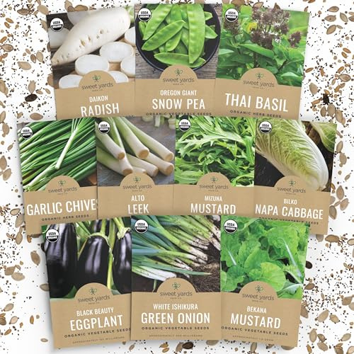 Organic Asian Garden Seeds Variety Pack - 10 Individual Packs - 2026 Season - Thai Basil, Bekana Mustard, Daikon Radish and More! for Indoor & Outdoor Planting (Non-GMO, Certified Organic)