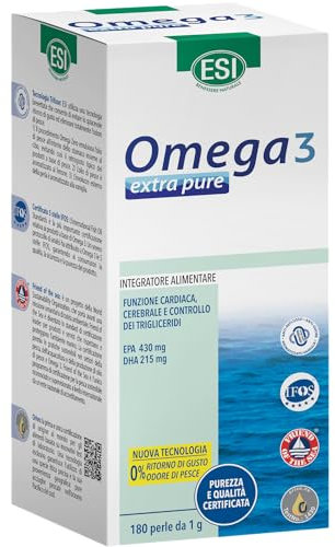 ESI, Omega 3 IFOS Extra Pure, Integratore Alimentare di Olio di Pesce Concentrato con Vitamina E, Contribuisce ai Normali Livelli di Trigliceridi e alla Funzione Cardiaca, Senza Glutine, 180 Perle