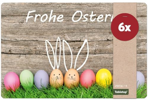 Tischsets 6er als abwaschbare Frühling und Ostern Tischdeko - Platzsets Osterhasen und Ostereier als Tischuntersetzer in 43 cm - Platzdeckchen als Tischunterlage für Esstisch Wohnzimmer Tisch