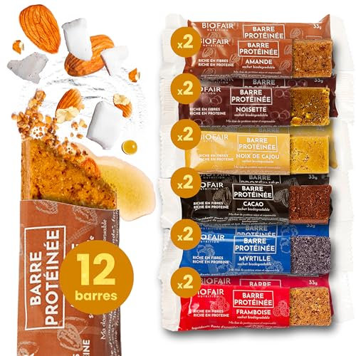 BIOFAIR NUTRITION - Barre Protéinée Bio - Pack Découverte 6 Saveurs - Lot de 12 Barres Protéinées - Saine, 100% Naturelle et Fabriquée en France