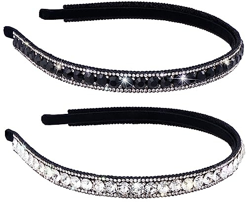 HINZIC Lot de 2 bandeaux antidérapants en strass pour femme, élastiques à cheveux étincelants pour mariage, accessoires de coiffure en diamant pour filles, noir et blanc