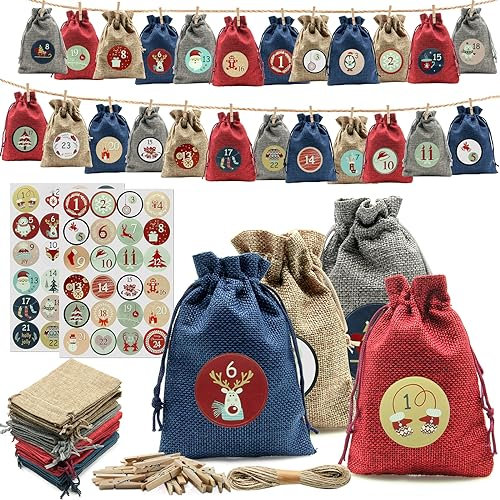Adventskalender zum Befüllen 24 Stück Weihnachtskalender zum Befüllen, Adventskalender 2023 Kinder mit 10m Bindfaden und 48 Adventszahlen Aufkleber, DIY Stoffbeutel Weihnachtskalender Tüten (4 Farben)