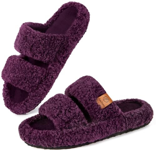 EverFoams Womens Fuzzy Open-toe Slippers Soft Comfy Memory Foam Indoor House Shoes Plum Violet,3-4 UK
