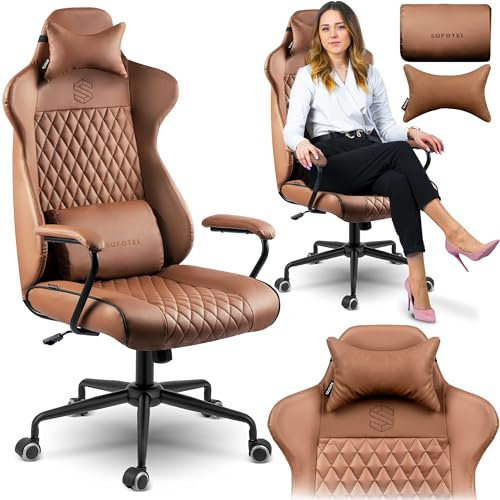 Sofotel Schreibtischstuhl Bürostuhl Ergonomisch Drehstuhl Verstellbar Kopfstütze Lendenwirbelstütze Armlehnen SoftUp SoftSwing Stuhl Arbeitszimmer Kunstleder Herausnehmbare Kissen Werona Braun