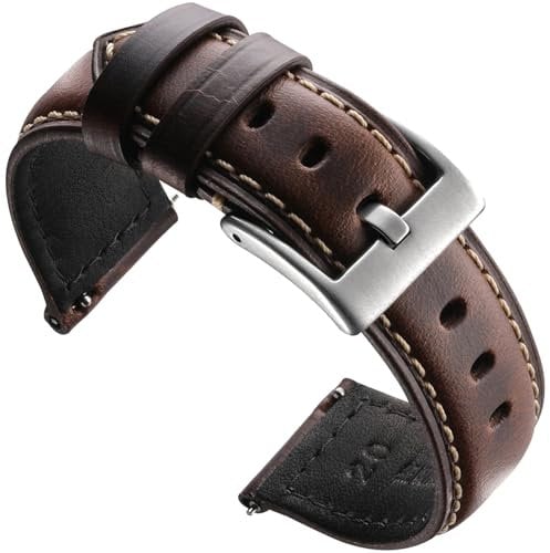 Zehior Leder Uhrenarmbänder Retro Smartwatch Armband mit Schnellverschluss für Herren Damen, Dunkel Braun, 24mm