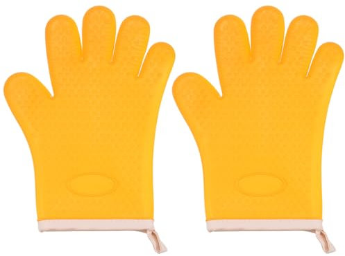 sourcing map 2pcs Silicone Oven Mitts 10.8x5.5 Heat Resistant Rubber Oven Gloves with Soft Cotton Lining for Kitchen Cooking and Baking, Yellow