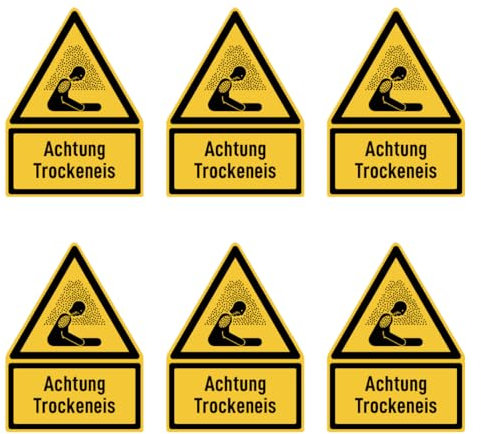 Aufkleber: 75x50 mm, 6 Stück - Achtung Trockeneis - Warnzeichen mit Text (deutsch) (gelb/schwarz) - Dreick - W041 - DIN EN ISO 7010 / ASR A1.3