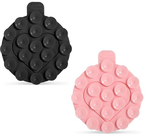 PEUTIER 2 Stück Saugnapf Handyhalterung, Runder Klebriger Handygriff doppelseitiger Silikon Handyhalter Herzform Fidget Spielzeug Saugnapf Handyhülle Zubehör für Flache Oberflächen (Schwarz, Rosa)