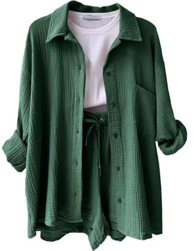 DHYUEN Trachtenbluse Damen Weiß 2 Teiler Longbluse Zweiteiler Damen Sommer Button Down Shirt Casual Blusenjacke Damenblusen Damen Set Hose Und Oberteil Leinen Shorts Loungewear(3-Dark Green,M)