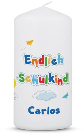GRAVURZEILE Bedruckte Kerze - Endlich Schulkind - Personalisiert mit Name - Personalisierte Geschenke zur Einschulung für Mädchen & Jungen - Ideal als Beilage zur Schultüte - Kleine Kerze