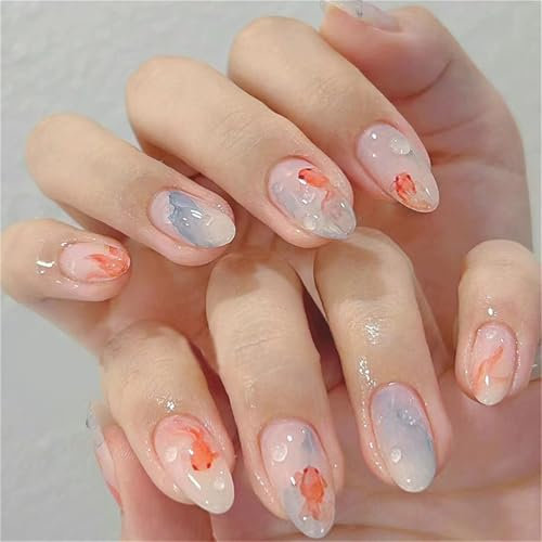 Short Almond Press on Fake Nails Summer Cute Fish Nail Art Decoration Glossy Blooming Manicure for Women and Girls 24pcs