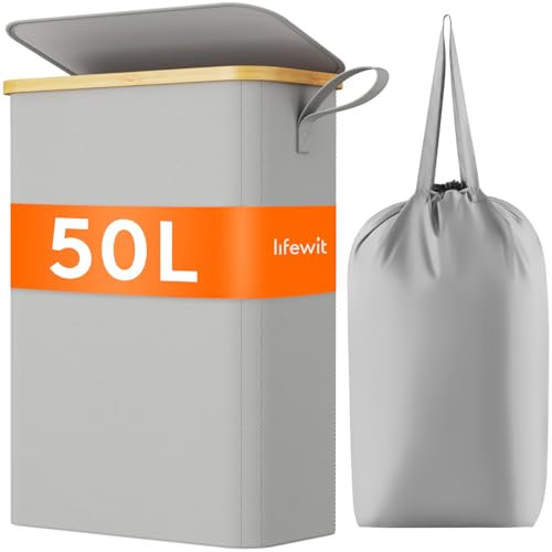 Lifewit 50L Slim Laundry Basket with Lid, Foldable Laundry Hamper Drity Clothes Washing Basket Toys Towels Storage with Bamboo Handle, Removable Inner Bag for Bedroom Bathroom, Silver Gray