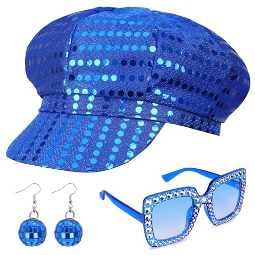 SUNZWO ABBA Hut-Set – 3-teiliges Zubehör-Set mit blauem Hut, Sonnenbrille und Ohrringen für Damen, ideal für Kostümpartys und Themen-ABBA-Events