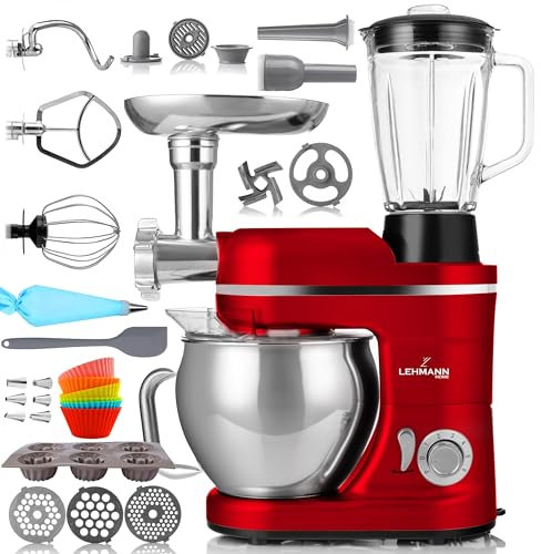 Lehmann Multifunktionale Küchenmaschine 3 in 1, 3000 W, Knet- & Rührmaschine mit Fleischwolf und 1,5L Entsafter, mit Planetensystem, inkl. Wurst Set, Muffinförmchen und Backset