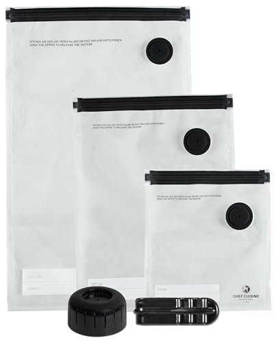 CHEF CUISINE Vakuumierbeutel Lebensmittel, Set 25-tlg., verschiedene Größen, Sous Vide, Gefrierbeutel, wiederverwendbar & spülmaschinengeeignet, hitzebeständig