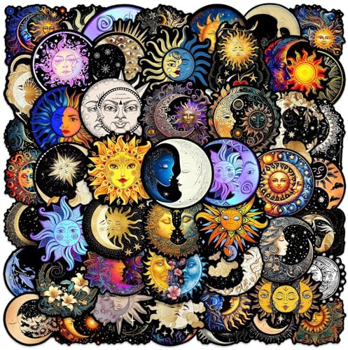50 Pcs Moon and Sun Stickers for Girls Boys Children Teens,Cute Style Black Background Art Stickers for Laptop Water Bottles,Bicycle,Skateboard,Computer,Waterproof Vinyl for Wall,Graffiti Stickers