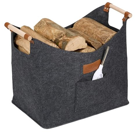 Relaxdays Felt Log Basket, 50L, with Carrying Handles, HxWxD: 40x51x32 cm, Storage for Firewood, Kindling Holder, Grey, Plastic, Wood