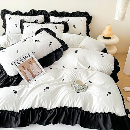 Lanqinglv Bettwäsche 200x200 Weiß Schwarz Blumen mit Rüschen,Romantisch Stickerei Bettwäsche-Sets Mikrofaser,Oeko-TEX Bettwäsche Set,Bettbezug 200x200 und 2 Kissenbezug 80x80 mit Reißverschluss