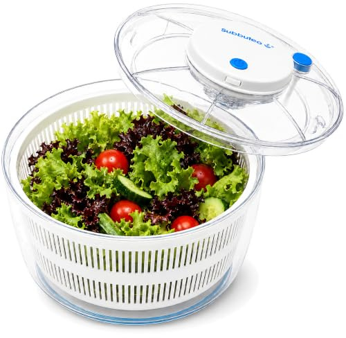 Subbuteo Elektrische Salatschleuder mit Akku, kabellos, 3,5 L, USB-C | Werkzeuglos zerlegbar: Deckel, Korb und Schüssel einzeln abspülen – keine versteckten Ecken, schnell wieder einsatzbereit.