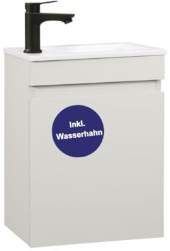 Kometmöbel Gäste-WC Waschtisch Set 40 cm Vormontiert Klein Waschbecken mit Unterschrank (Kaschmir 40cm, Mit Wasserhahn Schwarz)