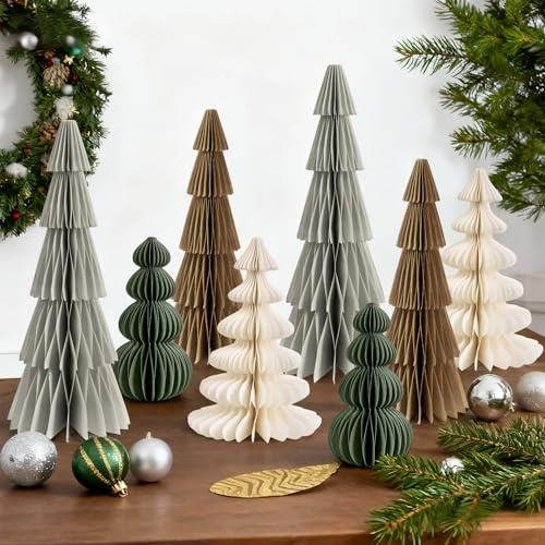 SUNBEAUTY 8 Pcs Paper Christmas Tree Honeycomb Centerpiece 3D Christmas Table Centerpiece Natural color Paper Trees Christmas Home Decorations for Xmas Holiday Party Fireplace Office Deco
