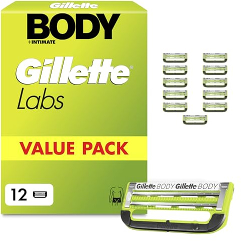 Gillette Labs Body & Intimate Rasierklingen, 12 Original Ersatzklinge, Grün | für Intimrasierer Mann, 2 Klingen für Schutz Gegen Eingewachsene Haare Und Irritationen, Langanhaltender Gleitstreifen