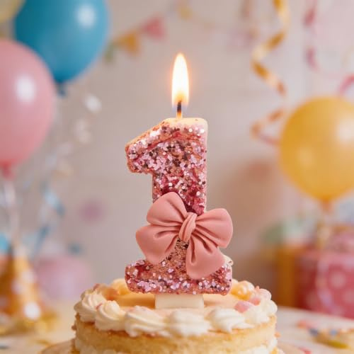Number 1 Candle for 1st Birthday - Pink Birthday Candles with Bow and Glitter Decoration for Girls, Perfect for Cake Topper and Party Decorations