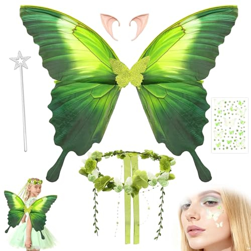 TZEKING Alas de Hada para Adultos y Niños, Alas de Mariposa con Orejas de Elfo, Diadema de Hada y Varita de Estrella, Disfraz de para Carnaval, Halloween, Cosplay, Cumpleaños
