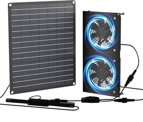 FlexSolar 12W Solar Powered Fan, 2 Pack IP65 Waterproof 11In Solar Greenhouse Fan wtih 6.6 Ft, CableIndependent Fan Switch Controller Strong Airflow for Chicken Coop,Greenhouse,Shed,Pet House&Window