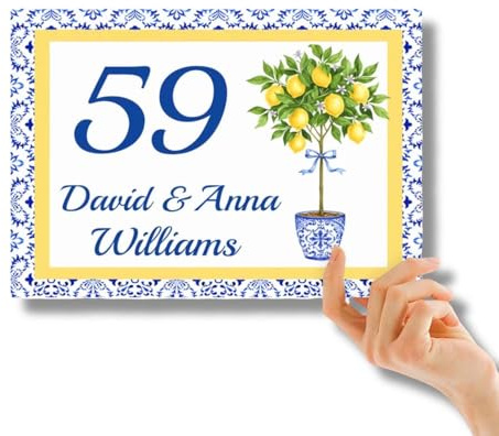 Personalisierte Mediterrane Italienische Zitronenbaum-Fliesenplatte | Keramikschild mit Familien- oder Paarname | Hausnummernschild | Willkommen-Schild für Zuhause | Für Einweihung, Hochzeit, Frischve