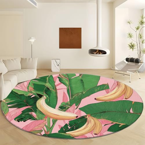 Tappeto rotondo per interni rosa verde con stampa antiscivolo e lavabile, 100 cm Vento Tropicale Monstera Deliciosa Banana Tappeto antiscivolo e resistente, tappeto rotondo a pelo corto morbido per