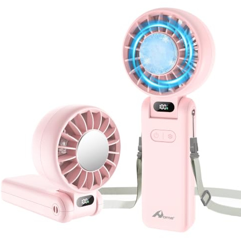 Ventilador portátil refrigerante, enfría en 3 s, para viajes y oficina | Ventilador 3 en 1 recargable, 5 velocidades, hasta 9 m/s y carga USB-C; ideal para viajes, oficina y camping (rosa)