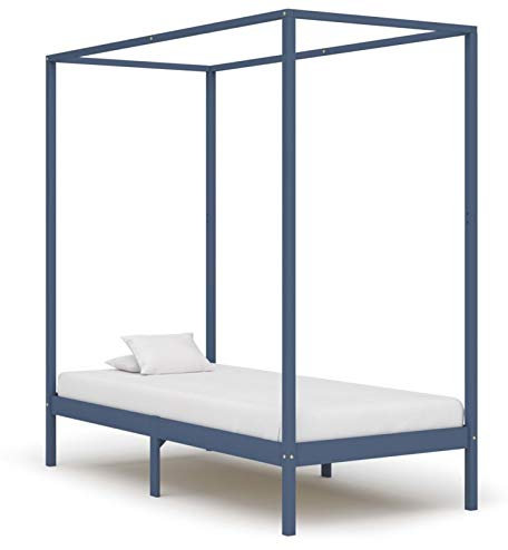 Festnight Himmelbett-Gestell Himmelbettrahmen Einzelbett Bettgestell Echtholz Brett Grau Massivholz Kiefer 90 x 200 cm